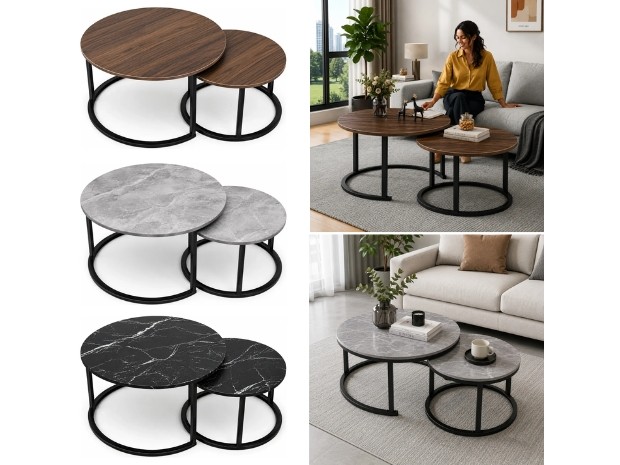 &uu MESA NIDO SET MINIMALISTA SIMIL MARMOL METALICA 70/50 CM
